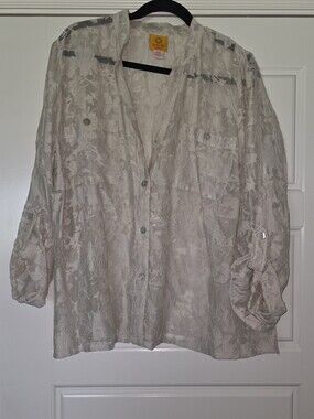 Ruby Rd. Light Taupe Floral Sheer Button-Down Shirt Size 16W